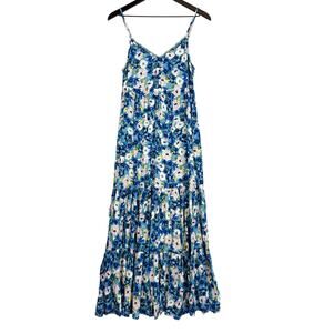 NWT Lovestitch Floral Blue Maxi Long Tank A-Line Dress w Pockets - S